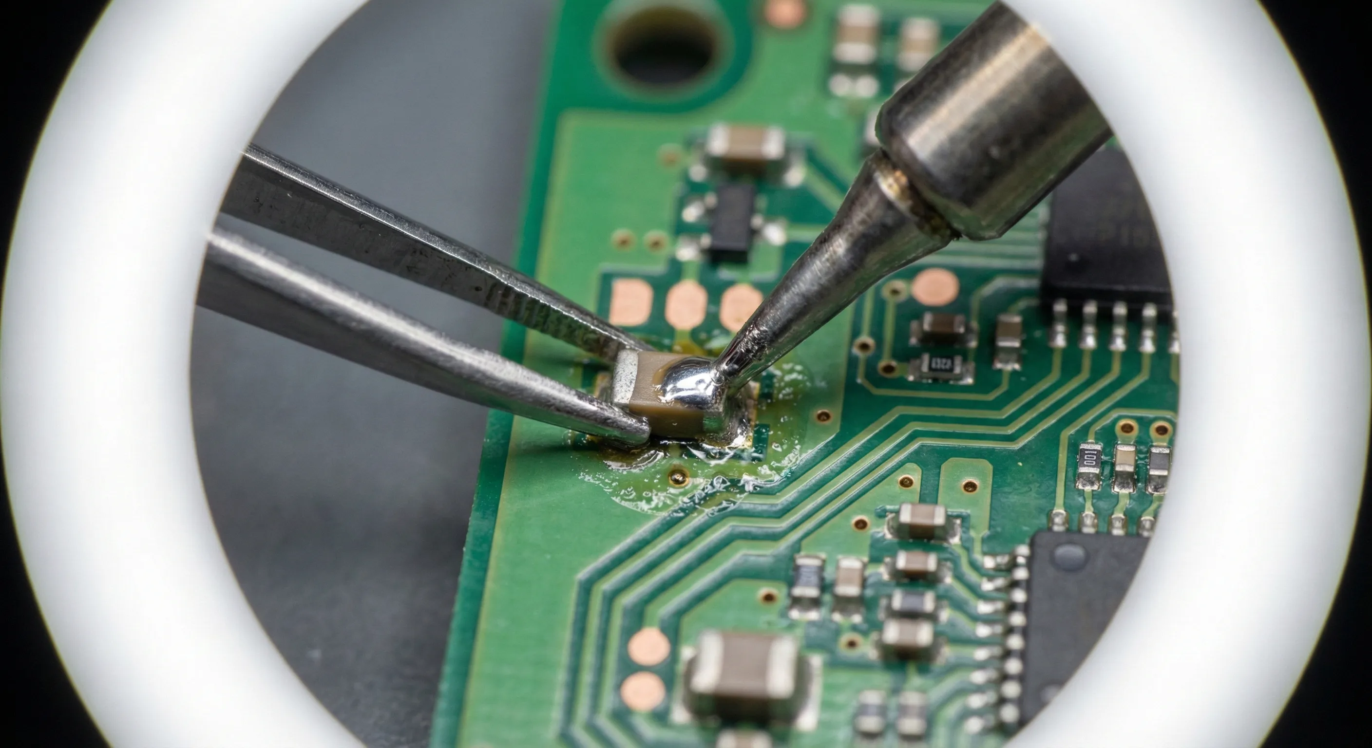 Precision micro-soldering under 40x magnification